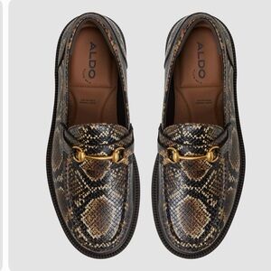 Aldo Black and Brown Snake-Print Loafers with Gold Bit